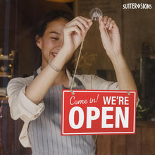 Load image into Gallery viewer, Bulk Case of 125 Sets - Open Closed Sign for Business, 10" x 6" Double Sided Plastic Sign with Twine, Suction Cup Hook, Business Hours (Black/Red)