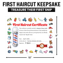 Load image into Gallery viewer, Bulk Case of 50 Sets - First Haircut Certificates | My First Haircut Award Certificate Keepsake for Baby and Kids, 8" x 10" (Pack of 25)