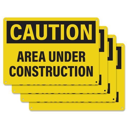 Bulk Case of 125 Sets - 4pcs Caution Area Under Construction Sign 10x7 Inch | Plastic Sign for Construction Site, Hazard Area, No Trespassing, Waterproof Plastic