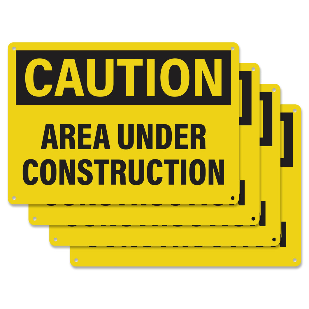 Bulk Case of 125 Sets - 4pcs Caution Area Under Construction Sign 10x7 Inch | Plastic Sign for Construction Site, Hazard Area, No Trespassing, Waterproof Plastic