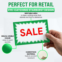 Load image into Gallery viewer, Bulk Case of 60 Sets - Sale Signs for Retail Stores 50pcs, 4.5" x 6.5", Green Starburst Paper Card Price Tags for Yard Sale, Garage Sale