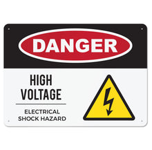 Load image into Gallery viewer, Bulk Case of 50 Signs - Danger High Voltage Aluminum Sign | Electrical Shock Hazard Caution Sign | Pre-drilled Mounting Holes, 10" x 14"