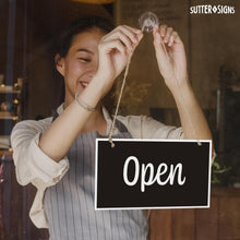 Load image into Gallery viewer, Bulk Case of 125 Sets - Open Closed Sign for Business, 10" x 6" Double Sided Plastic Sign with Twine, Suction Cup Hook, Business Hours (Black/White)