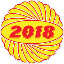 Load image into Gallery viewer, Bulk Case of 100 Sets - 2018 Car Model Year Windshield Stickers | 14" x 5.5" Oval Stickers for Car Dealerships, Vehicle Windshields (Pack of 12)
