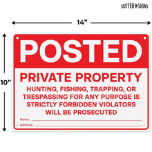Load image into Gallery viewer, Bulk Case of 50 Signs - Posted Private Property Metal Sign | Heavy Duty Aluminum No Trespassing No Hunting Fishing Trapping Sign with Fence Mounting Holes, Large 14" x 10"