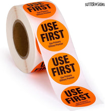 Load image into Gallery viewer, Bulk Case of 50 Sets - 1000 Labels Use First Stickers for Food Service, 1.5-inch Wide, Orange by Sutter Signs