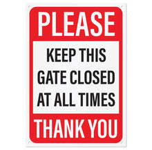 Load image into Gallery viewer, Bulk Case of 50 Signs - Please Keep Gate Closed Sign 10" x 7" | Aluminum Warning Sign to Keep Gate Shut, Latched or Locked | Pre Drilled Mounting Holes for Easy Installation