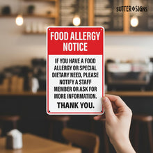 Load image into Gallery viewer, Bulk Case of 50 Sets - Food Allergy Notice Sign for Restaurants, Food Trucks, Cafes, Aluminum Safety Notice Sign, 12" x 8"
