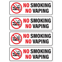 Load image into Gallery viewer, Bulk Case of 250 Sets - No Smoking No Vaping Signs, Self Adhesive Vinyl Sticker for Cars or Businesses, White, 9" x 3" (Pack of 4)