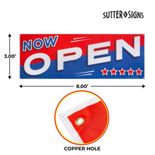 Load image into Gallery viewer, Bulk Case of 100 Signs - Now Open Banner, 3&#39; x 8&#39; Open Sign for Businesses, Shops, Polyester Banner with Grommets, Rope Included for Easy Installation