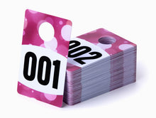 Load image into Gallery viewer, Bulk Case of 75 Sets - Live Plastic Number Tags for Hangers, 001-100 Consecutively Numbered, Mirror Image Number Cards for Live Sales, 3.25" x 2" Cards (Spotlight)