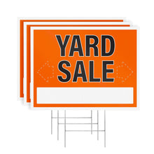 Load image into Gallery viewer, Bulk Case of 23 Sets - 3pk Yard Sale Signs with Stakes | Large Weatherproof Corrugated Plastic Garage Sale Supplies with Metal H Frame Stakes, 17&quot; x 13&quot;