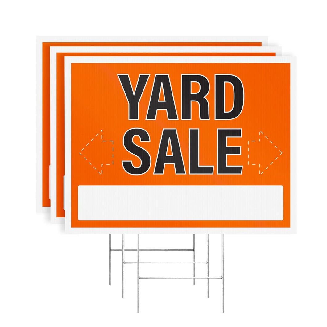 Bulk Case of 23 Sets - 3pk Yard Sale Signs with Stakes | Large Weatherproof Corrugated Plastic Garage Sale Supplies with Metal H Frame Stakes, 17
