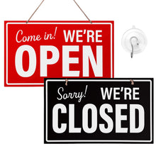 Load image into Gallery viewer, Bulk Case of 125 Sets - Open Closed Sign for Business, 10" x 6" Double Sided Plastic Sign with Twine, Suction Cup Hook, Business Hours (Black/Red)