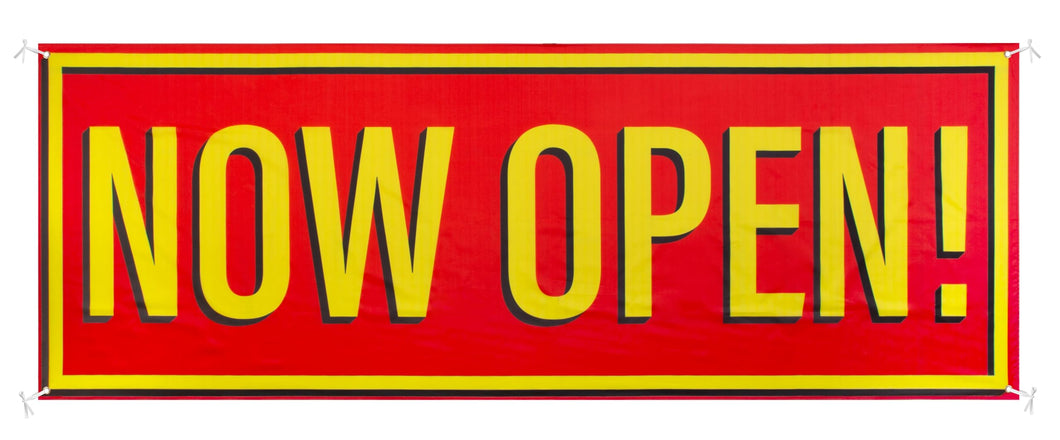 Bulk Case of 100 Signs - Now Open Banner, 3' x 8' Open Sign for Businesses, Shops, Polyester Banner with Grommets, Rope Included for Easy Installation