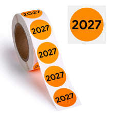 Load image into Gallery viewer, Bulk Case of 100 Rolls - 500pcs 2027 Year Stickers, 1 Inch Fluorescent Orange Color Coded Year, Labels, Warehouse Inventory Organization Stickers