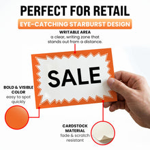 Load image into Gallery viewer, Bulk Case of 30 Sets - Sale Signs for Retail Stores 50pcs, 5.5" x 7.5", Orange Starburst Paper Card Price Tags for Yard Sale, Garage Sale
