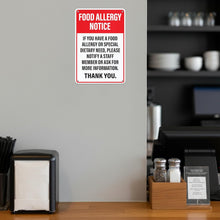 Load image into Gallery viewer, Bulk Case of 50 Sets - Food Allergy Notice Sign for Restaurants, Food Trucks, Cafes, Aluminum Safety Notice Sign, 12" x 8"