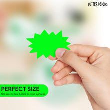 Load image into Gallery viewer, Bulk Case of 100 Sets - Starburst Price Tag Stickers, 2" x 3" Fluorescent Green Starburst Signs, Removable Adhesive, 250pcs