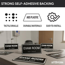 Load image into Gallery viewer, Bulk Case of 100 Sets - Exam Room Sign with Braille, Self-Adhesive Plastic Examination Room Sign for Medical Office, 6" x 3", Black/White, ABS Plastic