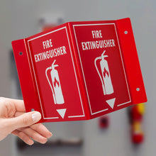 Load image into Gallery viewer, Bulk Case of 100 Signs - 3D Fire Extinguisher Sign | Projecting Wall Mount Fire Safety Sign, 6" x 8" x 4"
