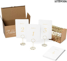 Load image into Gallery viewer, Bulk Case of 20 Sets - Wedding Table Numbers 1-30 Gold Card Holders Set | Elegant Table Seating Signs for Wedding Receptions