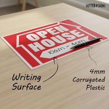 Load image into Gallery viewer, Bulk Case of 12 Sets - 5pk Open House Signs for Real Estate | House For Sale Yard Sign Supplies | Corrugated Plastic with Metal H Frame Stakes, 16" x 12"