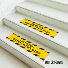 Load image into Gallery viewer, Bulk Case of 50 Sets - 5pk Anti Slip Watch Your Step Floor Decals | Caution Wet Floor Sign Abrasive 80 Grit Tape Stickers for Workplace Safety