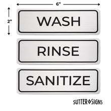 Load image into Gallery viewer, Bulk Case of 100 Sets - Wash Rinse Sanitize Sink Labels | Self Adhesive Waterproof Aluminum Metal Finish Look Signs for 3 Compartment Sink, Food Truck, Restaurant, Kitchen Food Safety, 6" x 2"