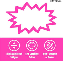 Load image into Gallery viewer, Bulk Case of 66 Sets - Starburst Signs with Stickers 100pcs | 50pcs Cards &amp; 50pcs Sticker Dots. 6x8 inch (Neon)