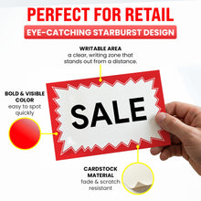 Load image into Gallery viewer, Bulk Case of 30 Sets - Red Starburst Sale Signs 50pcs, 5.5" x 7.5", Paper Card Price Tags for Retail Stores, Yard Sale, Garage Sale