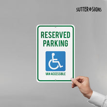 Load image into Gallery viewer, Bulk Case of 50 Signs - Reserved Parking Van Accessible Reflective Aluminum Sign, Pre-drilled 3/8", Mounting Holes, Aluminum, 12x18