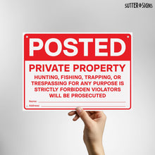 Load image into Gallery viewer, Bulk Case of 50 Sets - Posted Private Property Signs 4 PK | No Hunting No Trespassing PVC Signs with Mounting Holes, 14" x 10"