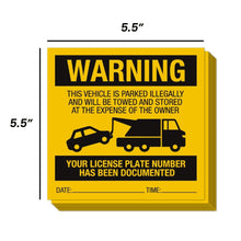Load image into Gallery viewer, Bulk Case of 63 Sets - Illegally Parked Warning Stickers (Pack of 25) | Tow Away Warning Sign for Illegal Car Vehicle Parking Violation