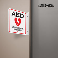Load image into Gallery viewer, Bulk Case of 50 Sets - AED Sign 6" x 6" for Wall - 3D Acrylic AED Projecting Sign with Double Sided Design Mounting Screws Pre-Drilled Holes for Workplace - Defibrillator For Home (2 PACK)