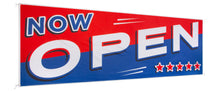 Load image into Gallery viewer, Bulk Case of 100 Signs - Now Open Banner, 3&#39; x 8&#39; Open Sign for Businesses, Shops, Polyester Banner with Grommets, Rope Included for Easy Installation