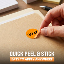 Load image into Gallery viewer, Bulk Case of 100 Rolls - 500pcs 2027 Year Stickers, 1 Inch Fluorescent Orange Color Coded Year, Labels, Warehouse Inventory Organization Stickers