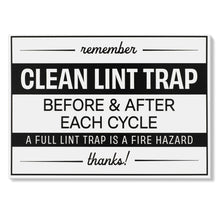 Load image into Gallery viewer, Bulk Case of 100 Sets - Clean Lint Trap Sign 5" x 7" | Durable Plastic Clean Laundry Sign with Peel and Stick Adhesive Backing | Rental and Airbnb Essentials for Hosts