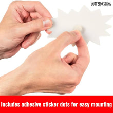 Load image into Gallery viewer, Bulk Case of 144 Sets - Starburst Signs with Stickers 200pcs | 100pcs Price Sign Cards &amp; 100pcs Strong Sticker Dots. 3x5 inch (White)