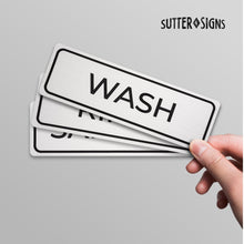 Load image into Gallery viewer, Bulk Case of 100 Sets - Wash Rinse Sanitize Sink Labels | Self Adhesive Waterproof Aluminum Metal Finish Look Signs for 3 Compartment Sink, Food Truck, Restaurant, Kitchen Food Safety, 6" x 2"