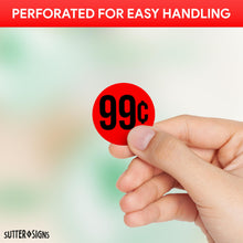 Load image into Gallery viewer, Bulk Case of 50 Rolls - 1000pcs $0.99 Stickers for Discount Promotional Retail, 1.5" Diameter Sticker, Bright Red, Perforated Labels