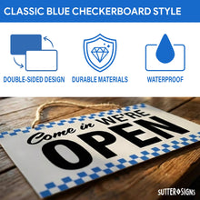 Load image into Gallery viewer, Bulk Case of 100 Sets - Open Closed Sign for Business, 10" x 6" Double Sided Plastic Sign with Twine, Suction Cup Hook, Business Hours (Blue Checker)