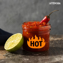 Load image into Gallery viewer, Bulk Case of 100 Rolls - Hot Flame Stickers (500pcs), Spicy Food &amp; Rave Decals 1.6"x1.2"