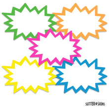 Load image into Gallery viewer, Bulk Case of 66 Sets - Starburst Signs with Stickers 100pcs | 50pcs Cards &amp; 50pcs Sticker Dots. 6x8 inch (Neon)