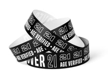 Load image into Gallery viewer, Bulk Case of 100 Sets - 21+ Wristbands for Events 500 ct | Over 21 Age Verified Wristbands for Venue, Concerts, Night Club | Black &amp; White Waterproof Vinyl Wrist Bands for Parties
