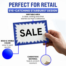 Load image into Gallery viewer, Bulk Case of 30 Sets - Sale Signs for Retail Stores 50pcs, 5.5" x 7.5", Blue Starburst Paper Card Price Tags for Yard Sale, Garage Sale