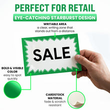 Load image into Gallery viewer, Bulk Case of 30 Sets - Sale Signs for Retail Stores 50pcs, 5.5" x 7.5", Green Starburst Paper Card Price Tags for Yard Sale, Garage Sale