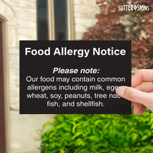 Load image into Gallery viewer, Bulk Case of 168 Sets - Food Allergy Notice Stickers, Restaurant Food Service Signs, Self Adhesive Vinyl Stickers, 10&quot; x 7&quot; (Pack of 4)