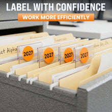 Load image into Gallery viewer, Bulk Case of 100 Rolls - 500pcs 2027 Year Stickers, 1 Inch Fluorescent Orange Color Coded Year, Labels, Warehouse Inventory Organization Stickers
