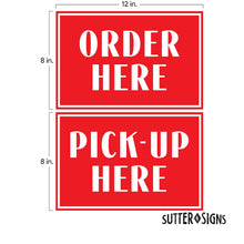 Load image into Gallery viewer, Bulk Case of 250 Sets - Order Here Pick Up Here Sign Stickers Set | Coffee Bar, Food Truck, Ice Cream Shop, Store Display and Decor Signs. Outdoor Rated Vinyl Decals, 8" x 12"